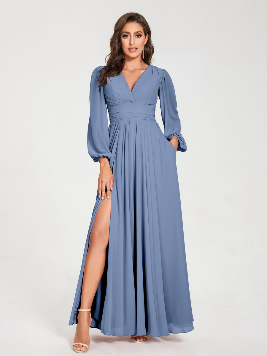 Abito maxi formale con maniche lunghe, taglio a trapezio. Ideale per abito da damigella.
