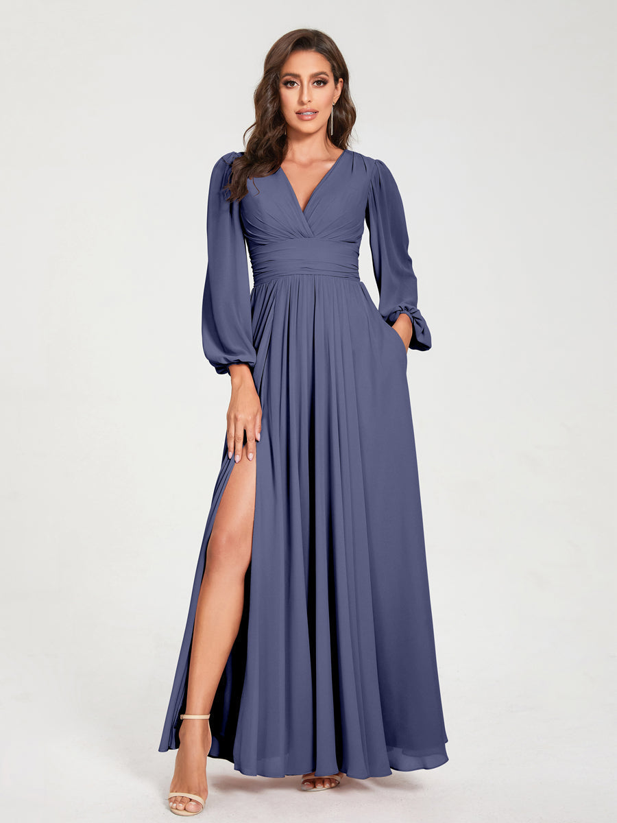Vestito formale donna con maniche lunghe e spacco. Abito cerimonia linea A.