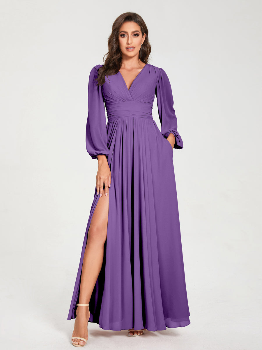 Abito da matrimonio donna a trapezio, maniche lunghe. Vestito lungo formale.