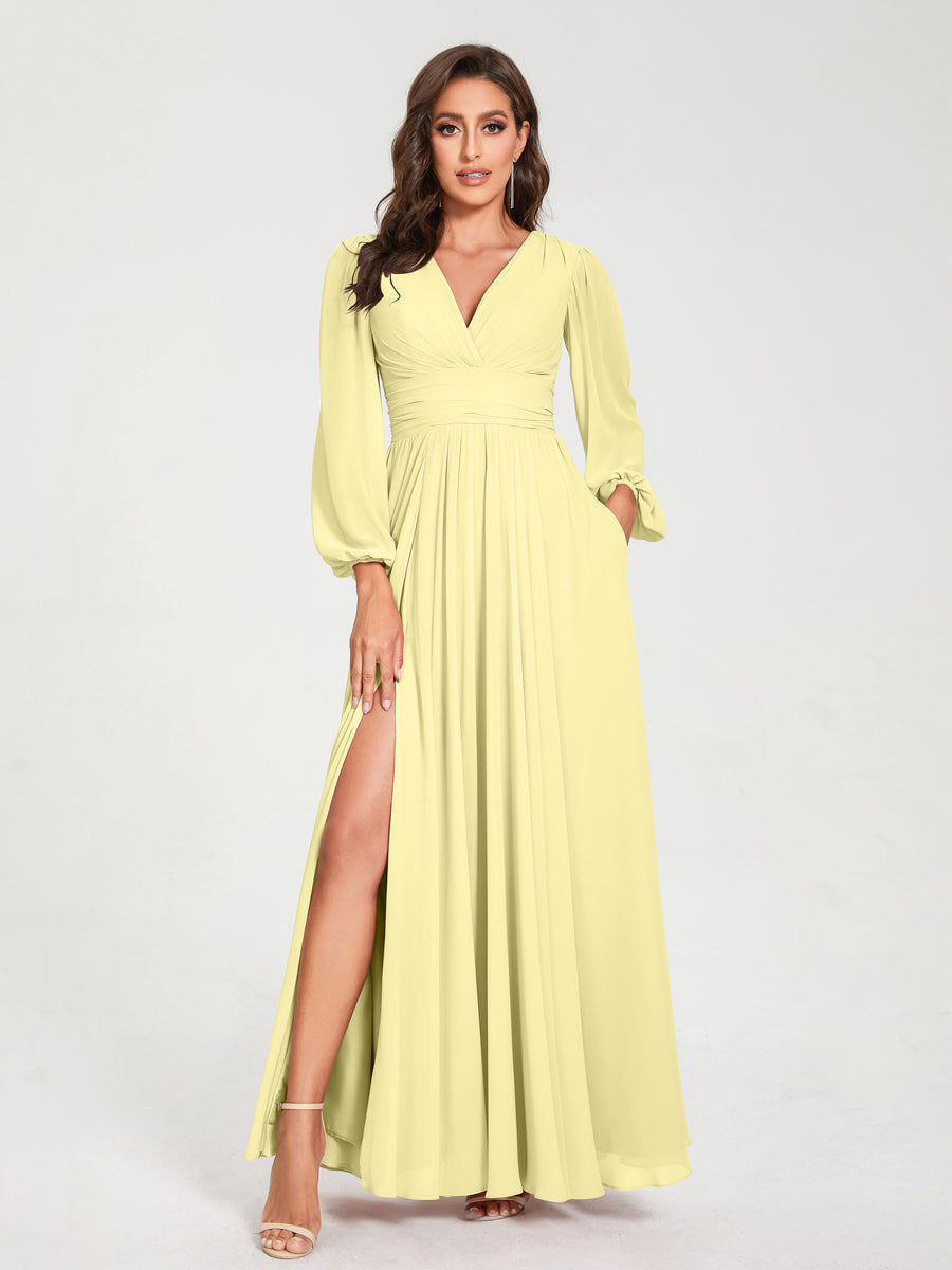 Abito cerimonia donna elegante, maniche lunghe. Spacco laterale, linea A.