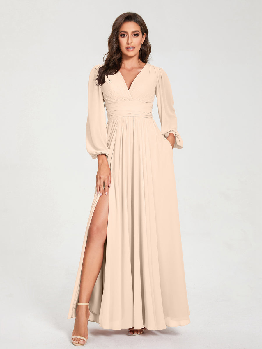 Abito da damigella con tasche, maniche lunghe. Abito elegante formale per donna.