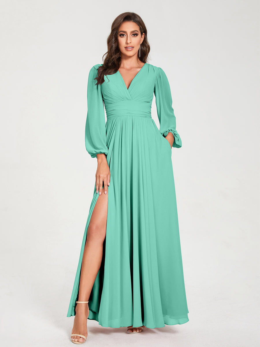 Abito maxi donna per matrimonio, maniche lunghe. Abito elegante con spacco laterale.