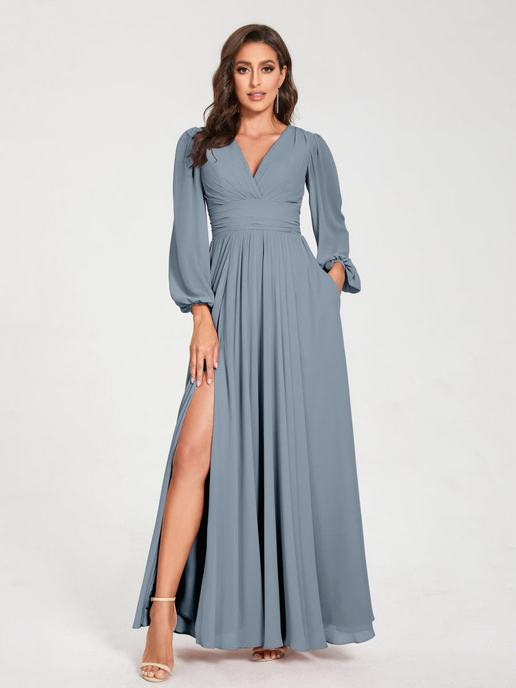 Abito maxi donna a trapezio con maniche lunghe. Ideale per cerimonie ed eventi speciali.