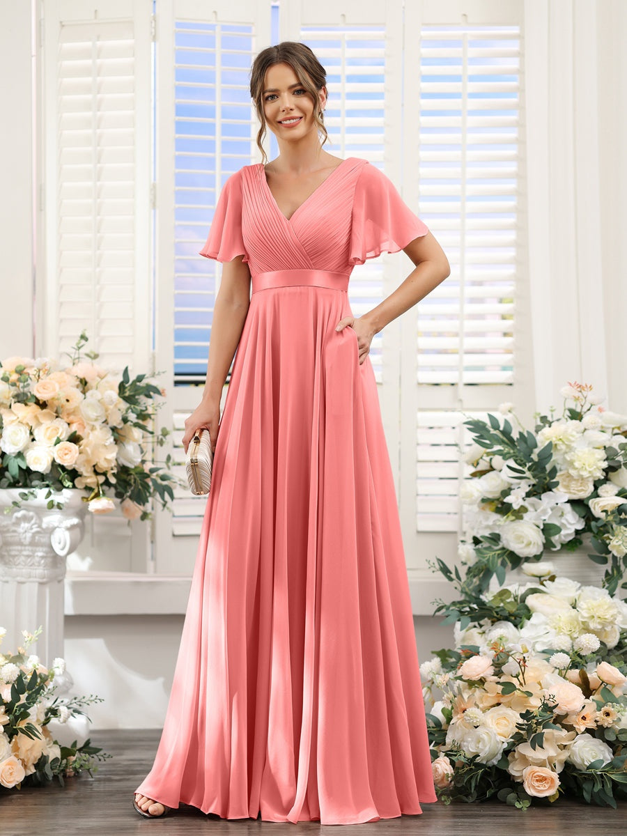 Elegante abito da cerimonia in chiffon, con linea A e volant, per un look delicato.