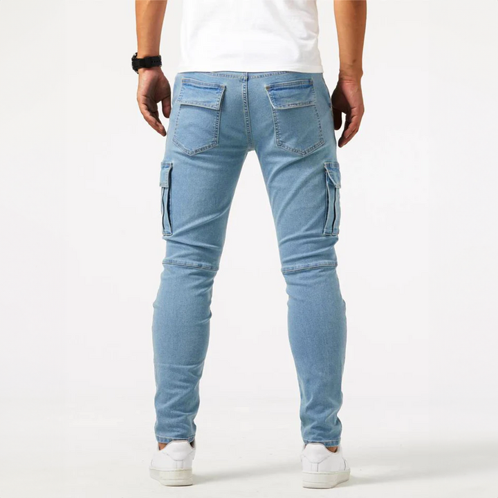 Eleganti jeans cargo slim fit da uomo, pantaloni casual moda multitasche, comfort e stile unici.