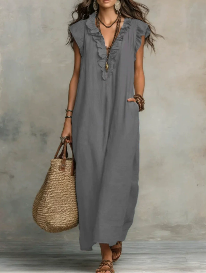 Abito estivo casual da donna in cotone e lino, con volant, versatile e fresco per la moda quotidiana.
