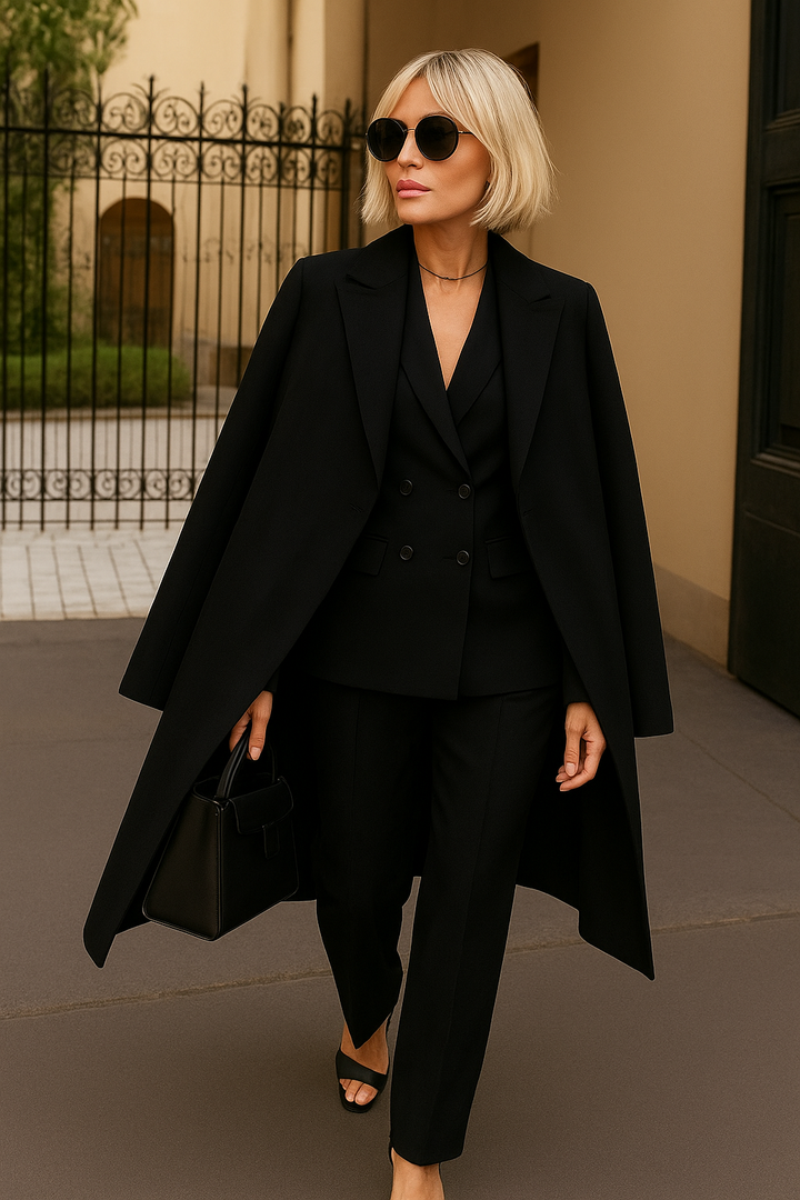 Set completo donna elegante a tre pezzi: cappotto, blazer e pantaloni per un look sofisticato.