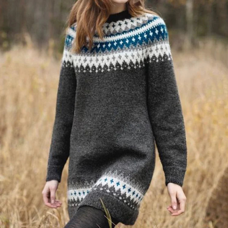 Maglione donna invernale grigio Fair Isle elegante e comodo con girocollo, perfetto per moda maglieria casual.