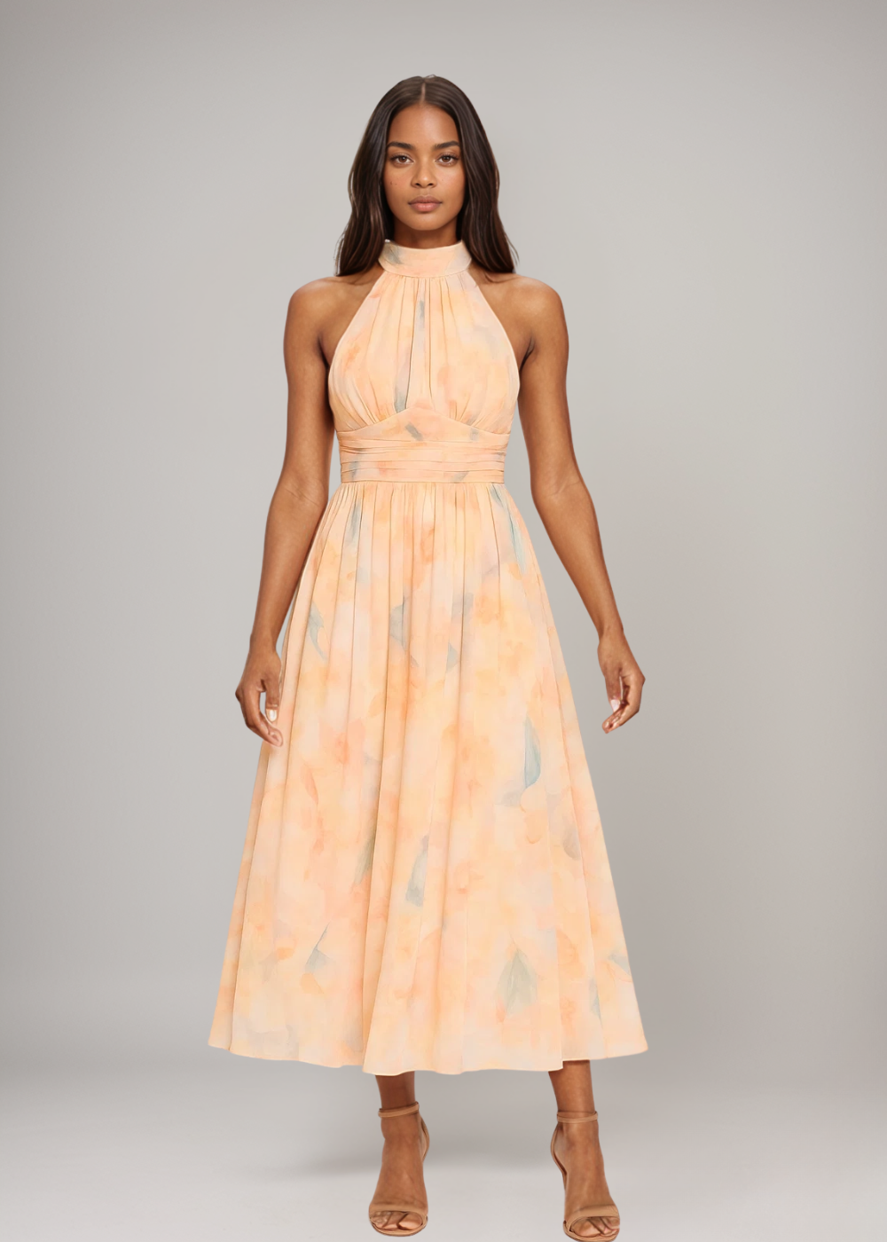Elegante abito lungo estivo donna con scollo all'americana e schiena scoperta, vestito color pesca per outfit casual chic.