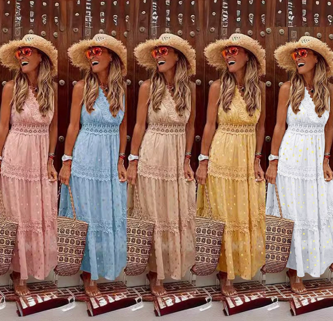 Maxi abito donna elegante in pizzo, perfetto vestito lungo per serate, cerimonie e occasioni speciali. Moda donna.