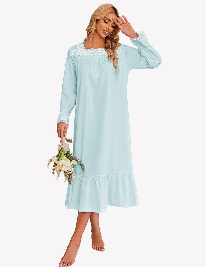 Camicia da notte bianca lunga donna in pizzo delicato, maniche lunghe, per sogni sereni.
