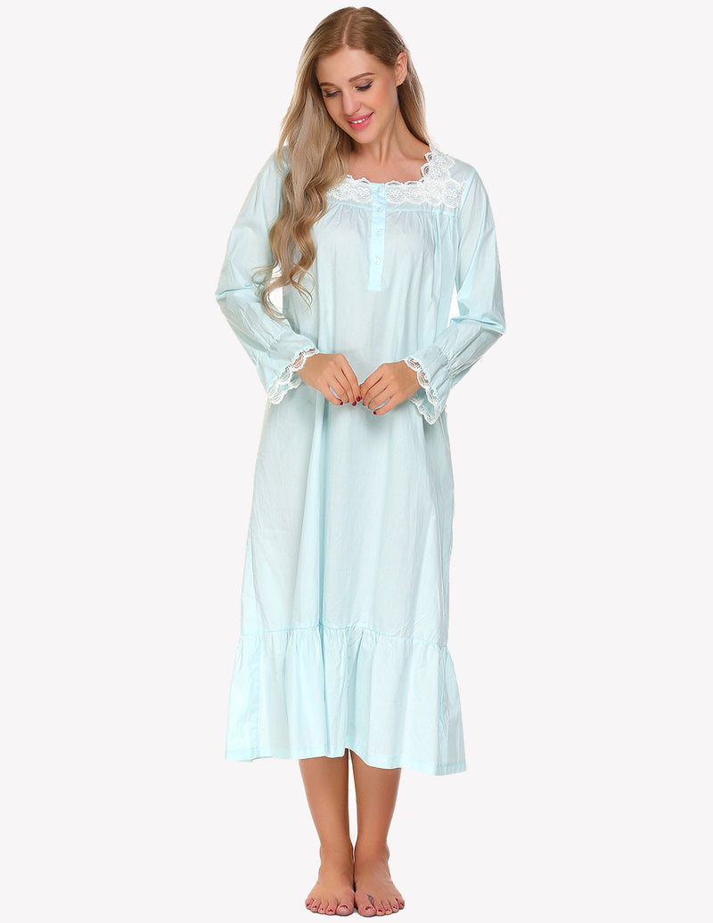 Camicia da notte donna, pizzo floreale e maniche lunghe, disponibile in vari colori.
