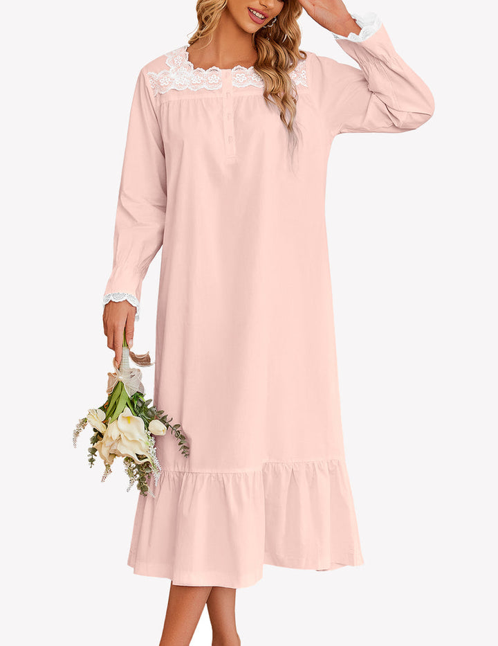 Camicia da notte lunga donna, dettagli in pizzo floreale, maniche lunghe, look sofisticato.