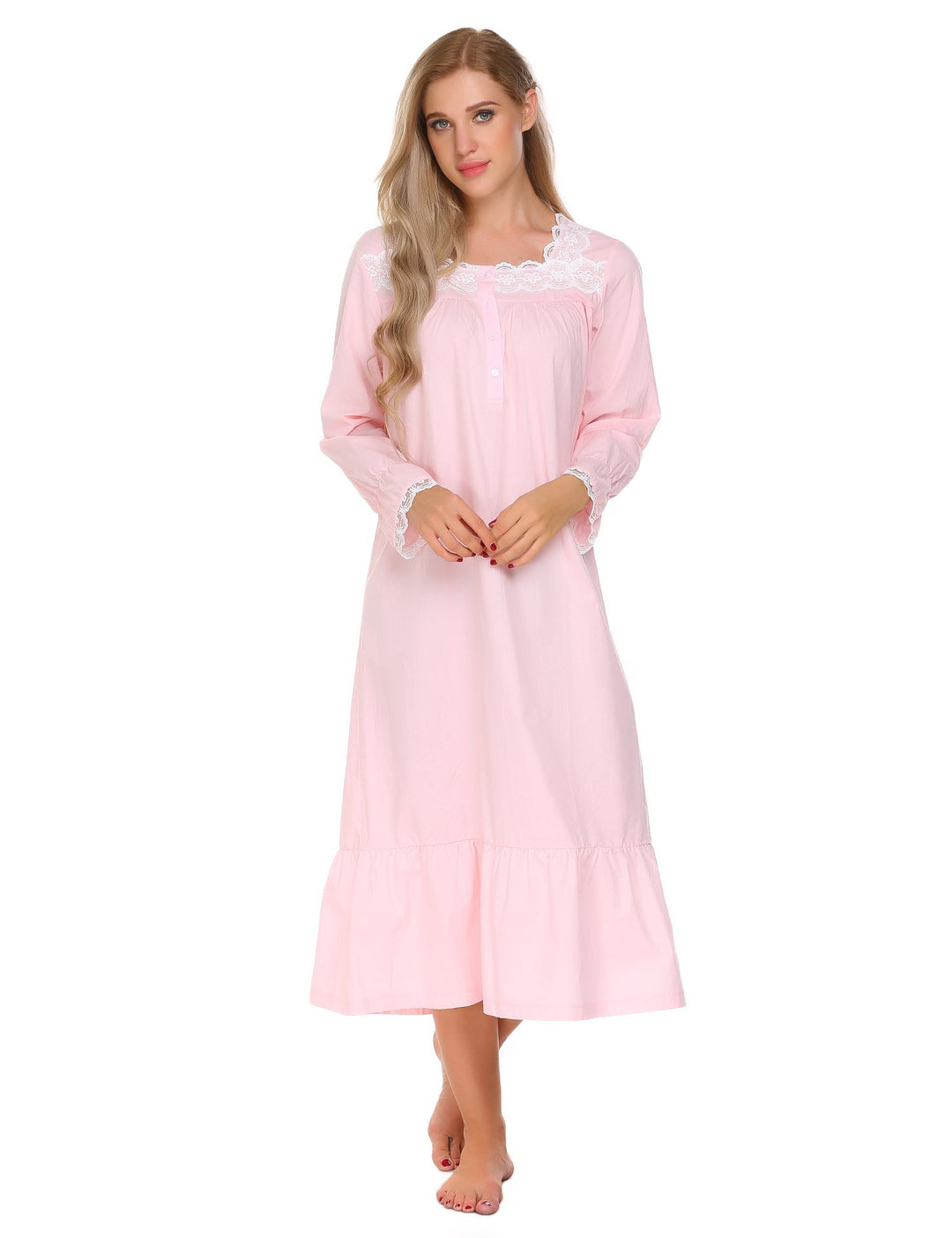 Camicia da notte rosa donna, pizzo floreale, maniche lunghe, morbida e perfetta per il relax.