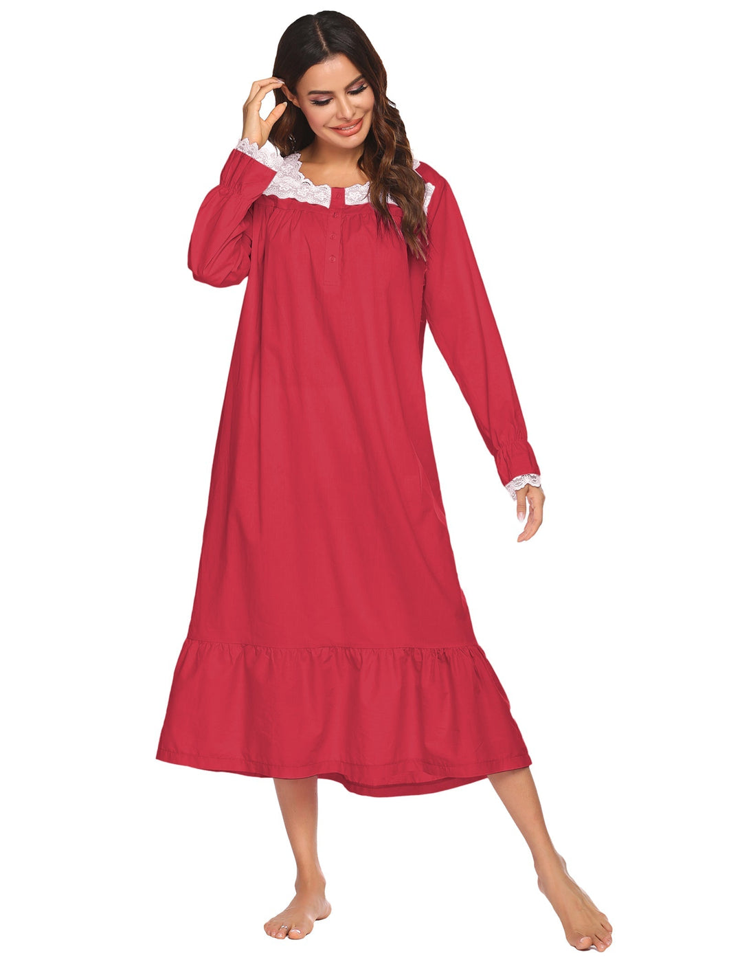 Camicia da notte rossa da donna, pizzo floreale, maniche lunghe, un tocco di eleganza serale.
