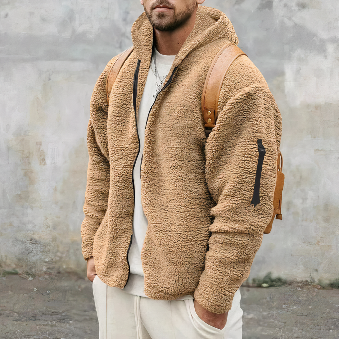 Giacca Sherpa invernale uomo nera con cappuccio e zip, calda e casual per l'abbigliamento maschile.