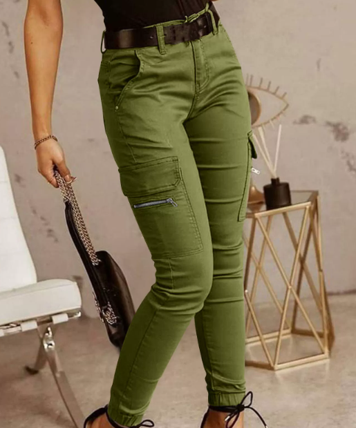 Pantaloni cargo donna eleganti a vita alta per look casual e versatili, perfetti per moda primavera/autunno.