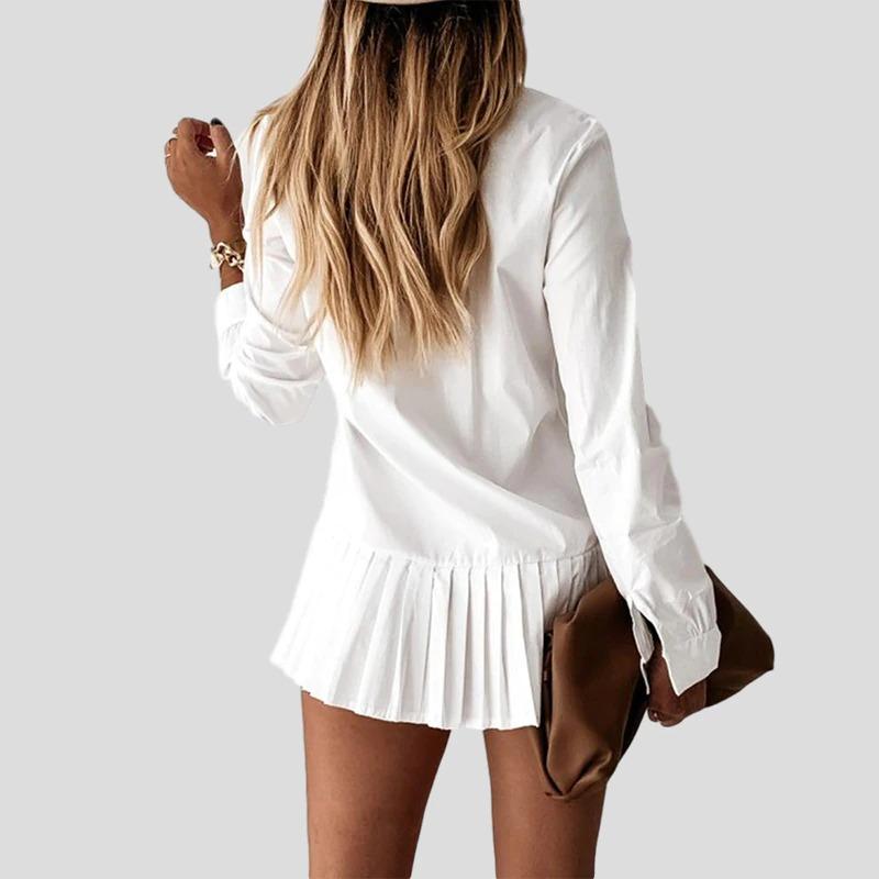 Abito camicia donna lungo, con gonna plissettata, vestito elegante e versatile per ogni stagione.