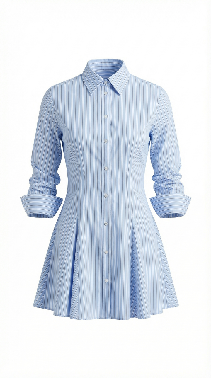 Raffinato abito chemisier a righe azzurre per donna, con gonna plissettata, versatile per ogni occasione SS.