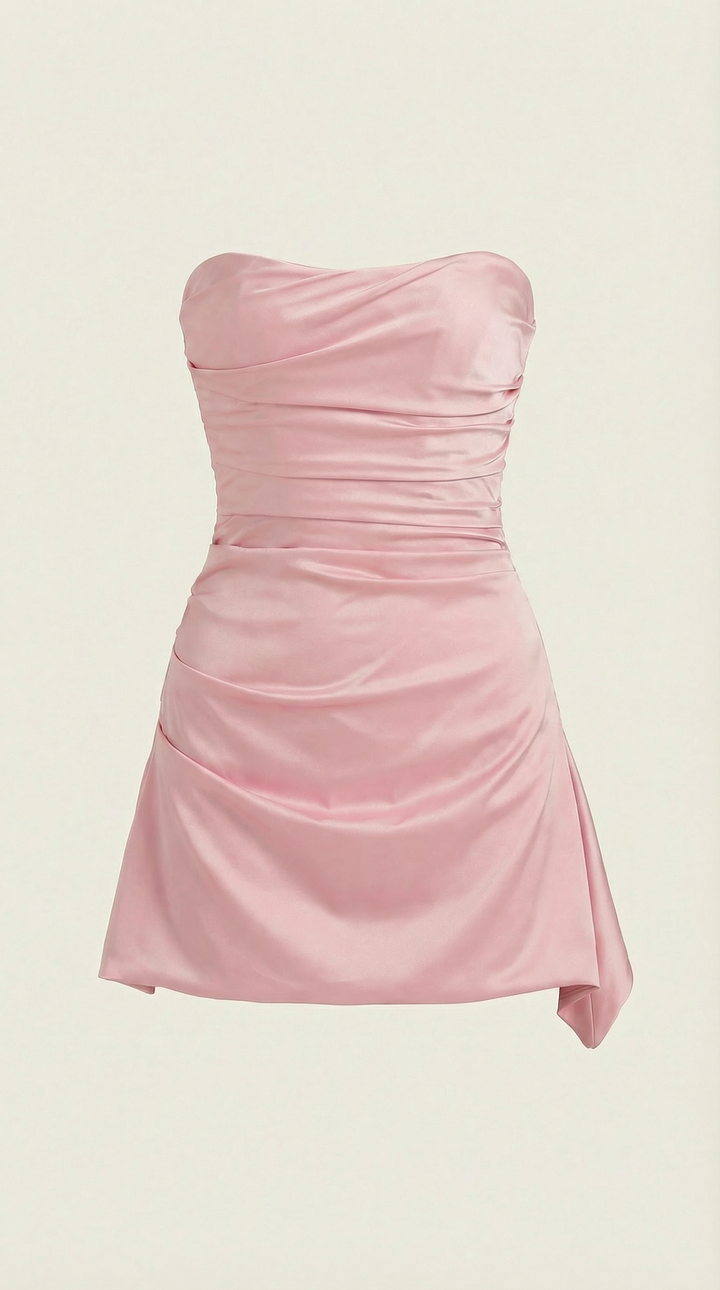 Mini abito donna bustier aderente, senza spalline con drappeggio chic per primavera/estate.