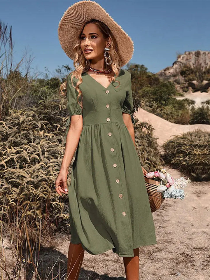 Abito estivo donna midi elegante, scollatura a V, maniche a palloncino e bottoni. Perfetto per vacanze boho chic.