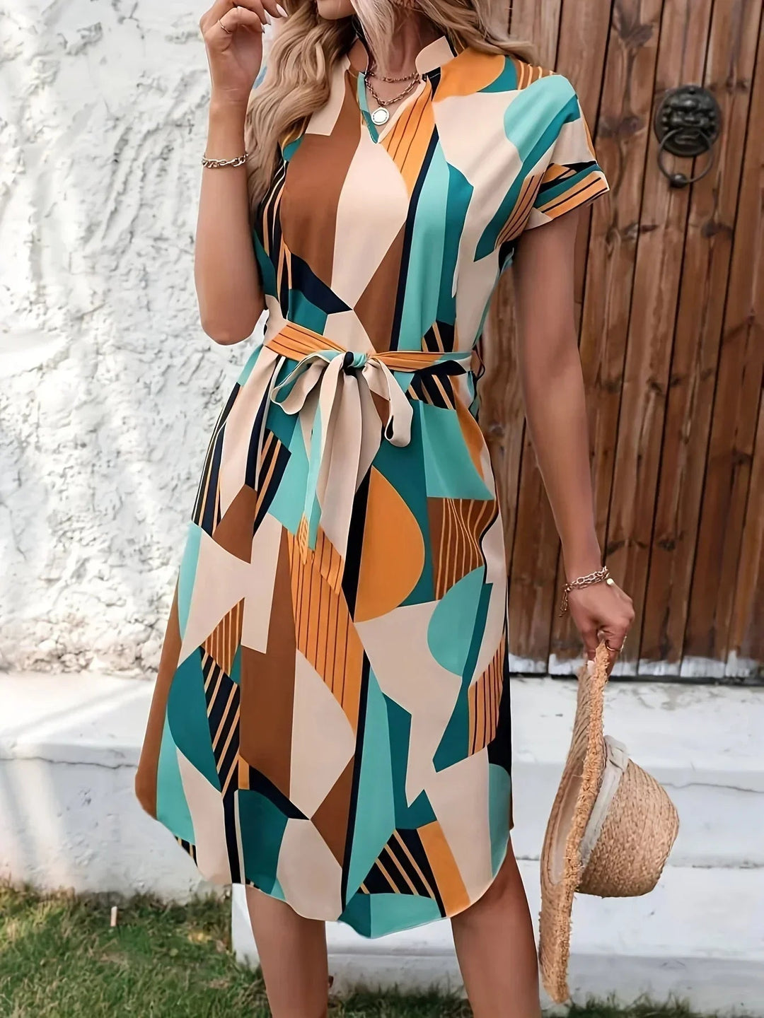 Abito donna marrone chiaro con vivace stampa geometrica multicolore, ideale per moda primavera estate elegante.