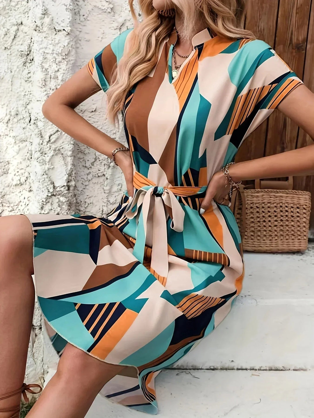 Vestito midi estivo donna, stampa geometrica. Stile bohemien chic, maniche a farfalla. Moda primavera estate.