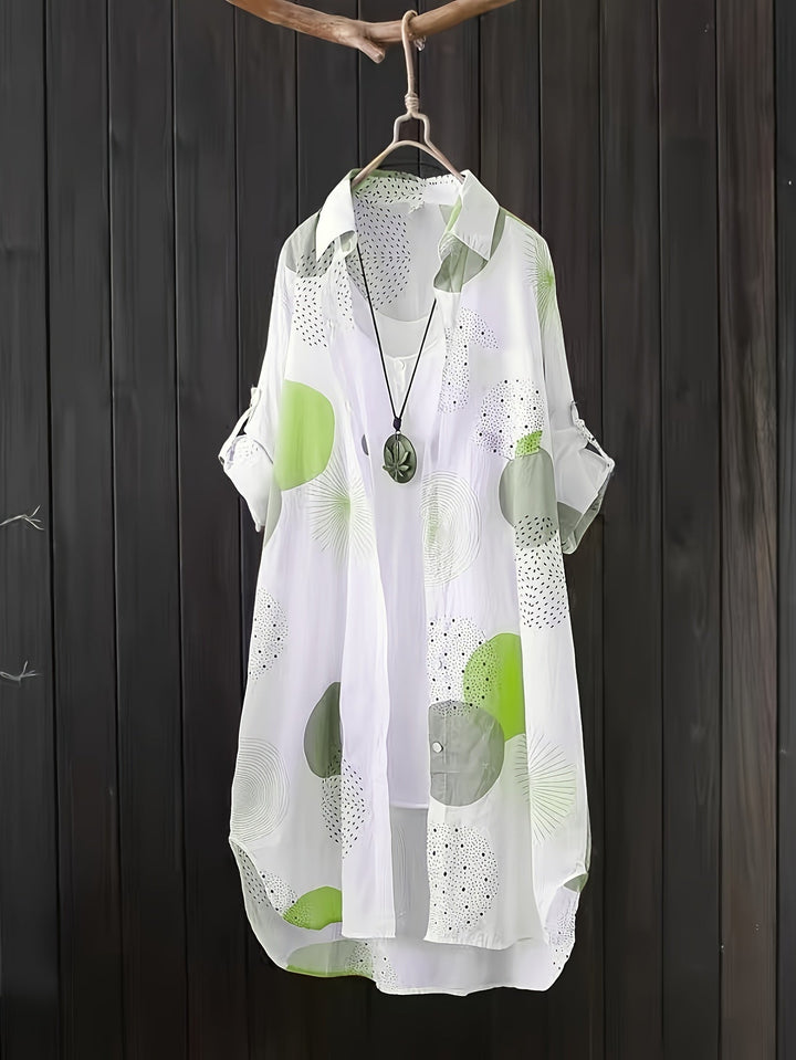 Abito estivo da donna oversize con pattern geometrico, confortevole e chic per la stagione calda.