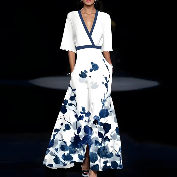 Abito lungo da donna floreale con scollo a V e gonna a ruota, ottimo per occasioni speciali e serate estive.
