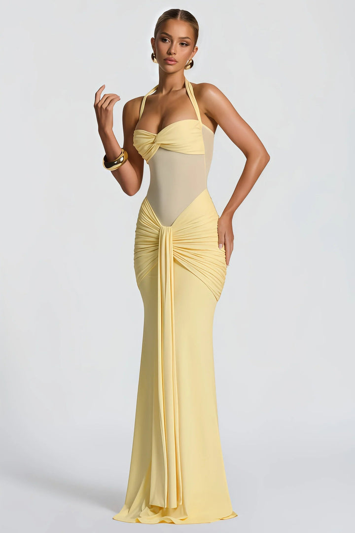 Vestito lungo blu donna con scollo halter e drappeggio, ideale per serate eleganti e eventi speciali.