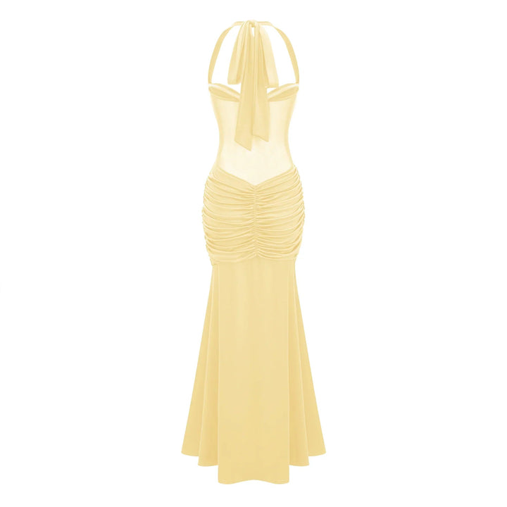 Abito lungo donna aderente con gonna a sirena, collo halter e drappeggio, vestito elegante per occasioni.