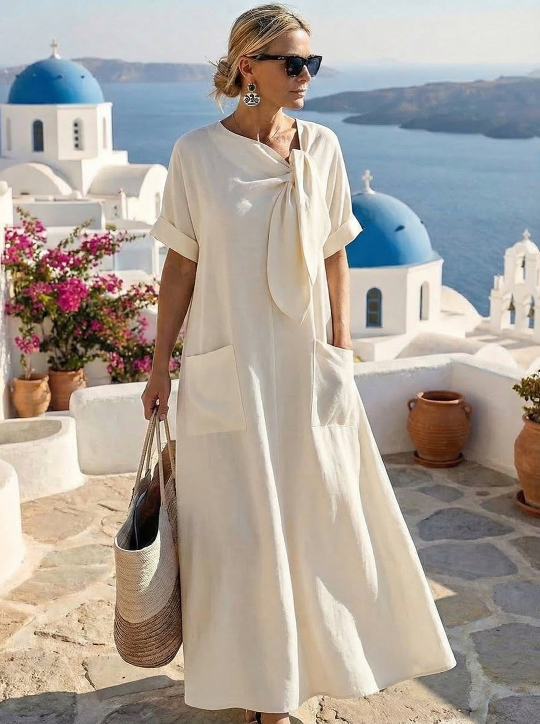 Abito lungo donna maxi con nodo frontale e ampie tasche, perfetto per un look casual chic estivo.