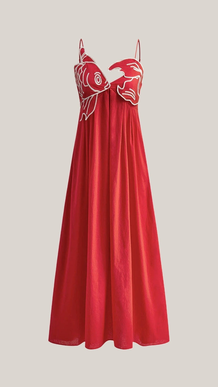 Elegante abito lungo donna a gonna svasata, vita impero e raffinato ricamo floreale. Moda cerimonia.