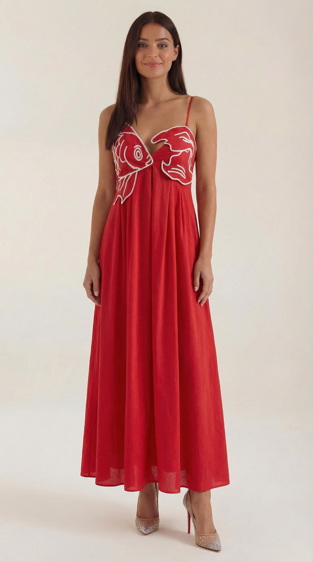 Abito lungo elegante donna con ricamo floreale e vita impero. Ideale per cerimonia o serate primavera/estate.