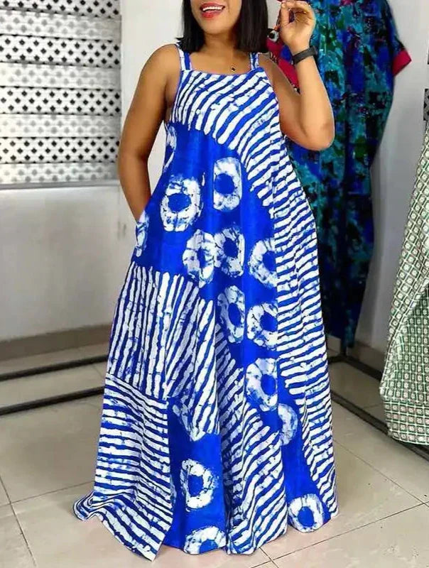 Vestito lungo donna primavera/estate con stampa tie-dye vivace, bretelle e comode tasche. Perfetto per il giorno.