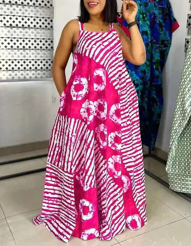 Abito lungo donna casual tie-dye con spalline regolabili e tasche. Ideale per un look estivo comodo e alla moda.