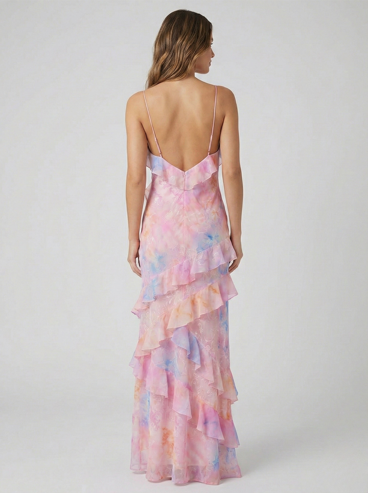 Vestito da sera estivo donna, lungo, con romantici volant a cascata e delicata stampa acquerello.