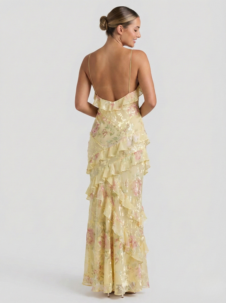 Abito lungo donna estivo elegante, stampa acquerello romantica, volant a cascata. Colori rosa e giallo.