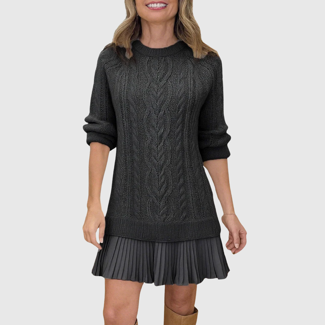 Abito maglione donna con girocollo, versatile per moda autunno. Comodo e chic con orlo plissettato.