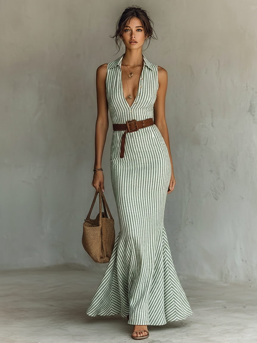 Abito maxi bodycon donna verde chiaro a sirena con righe verticali, colletto camicia e scollo a V. Perfetto per l'estate.