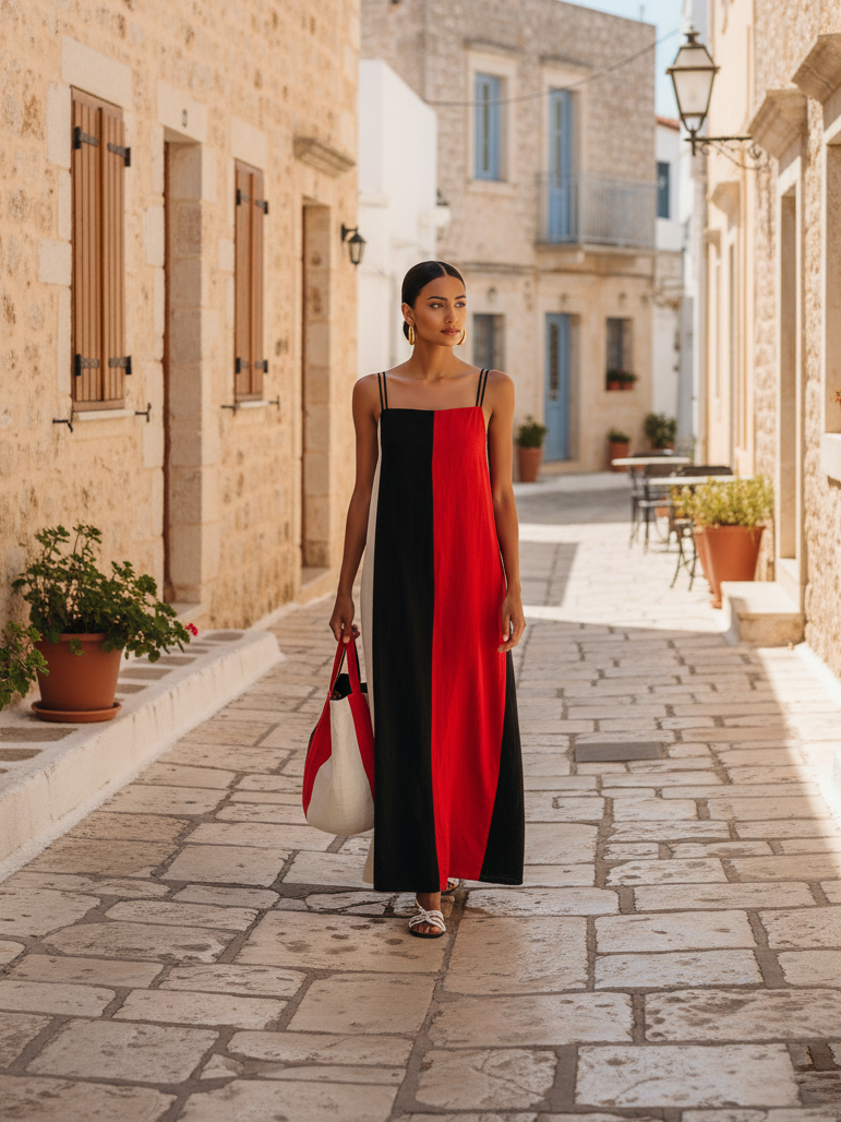 Vestito lungo donna color-block geometrico, stile artistico ed elegante. Perfetto per vacanze estive e moda primavera.