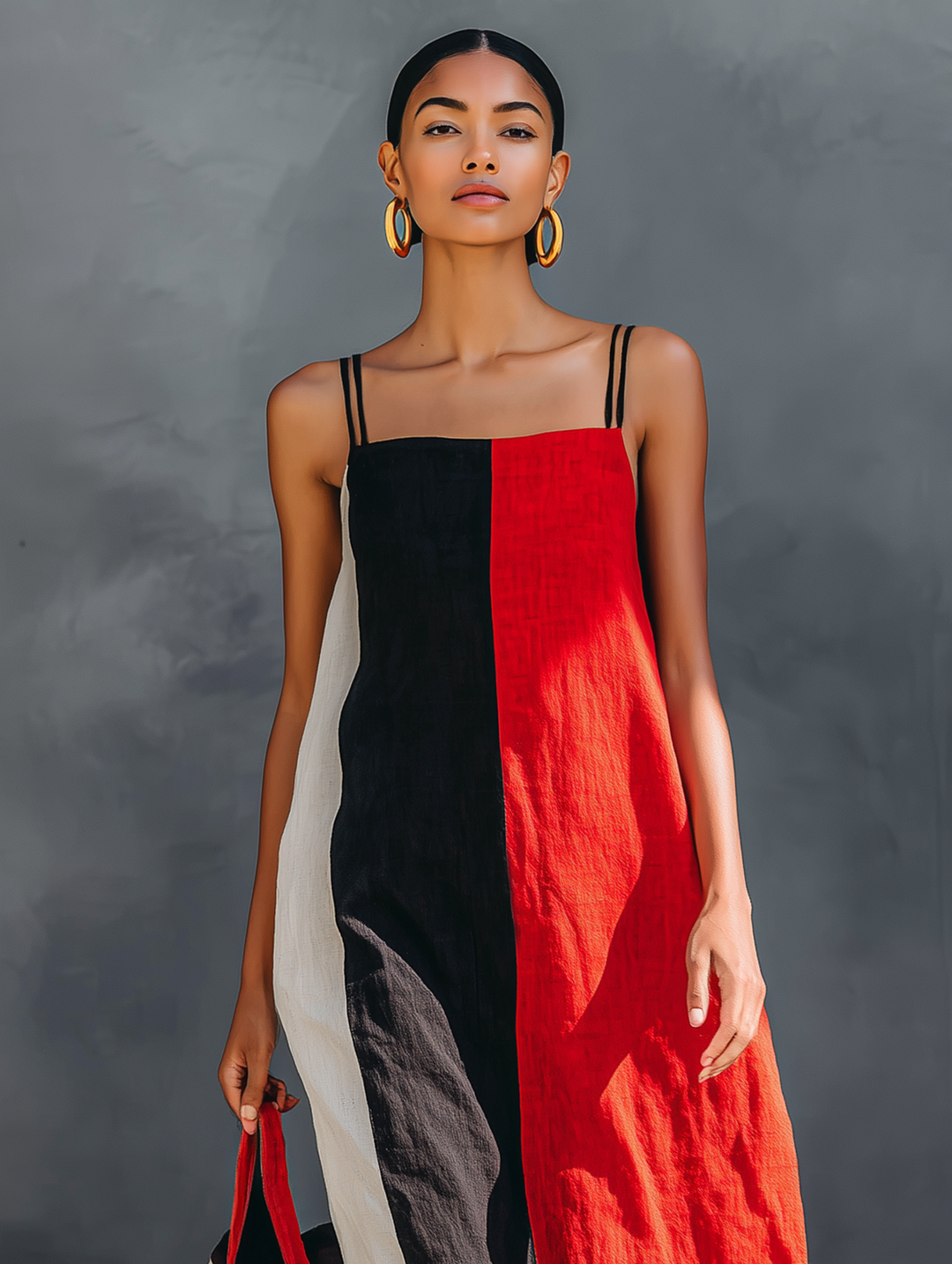 Abito donna maxi geometrico color-block con doppie spalline sottili. Look elegante e moderno per la moda estiva.