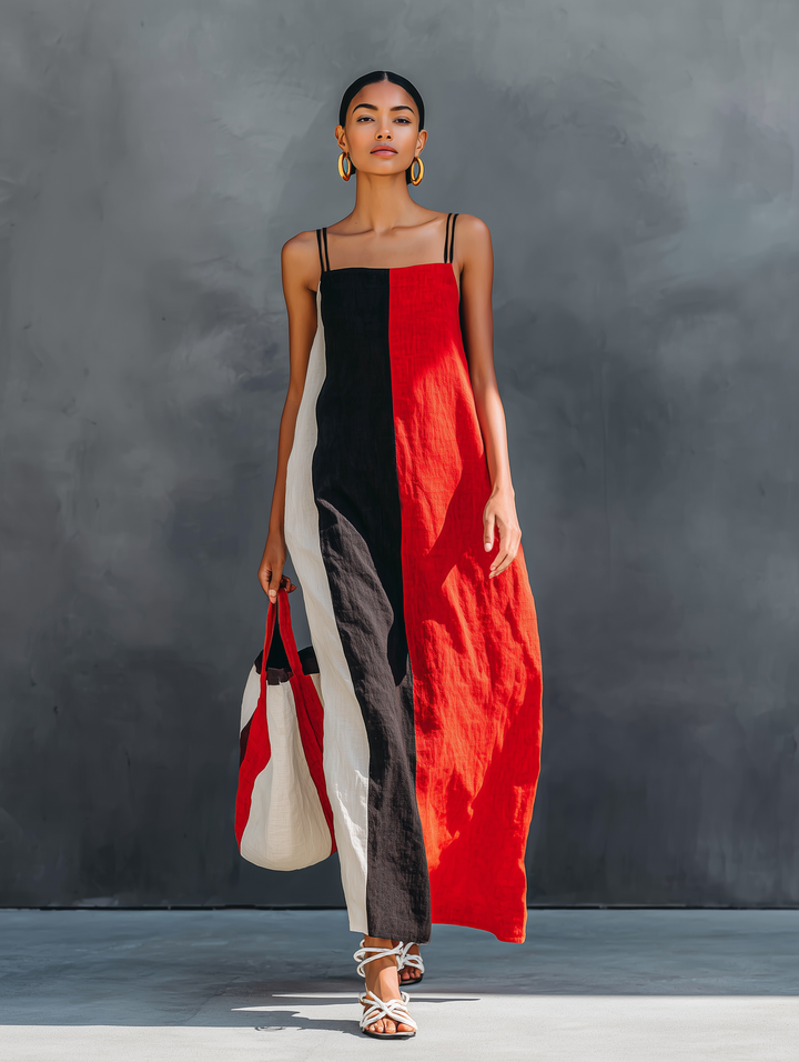 Elegante abito maxi donna color-block geometrico con spalline doppie. Perfetto per uno stile chic primavera estate.