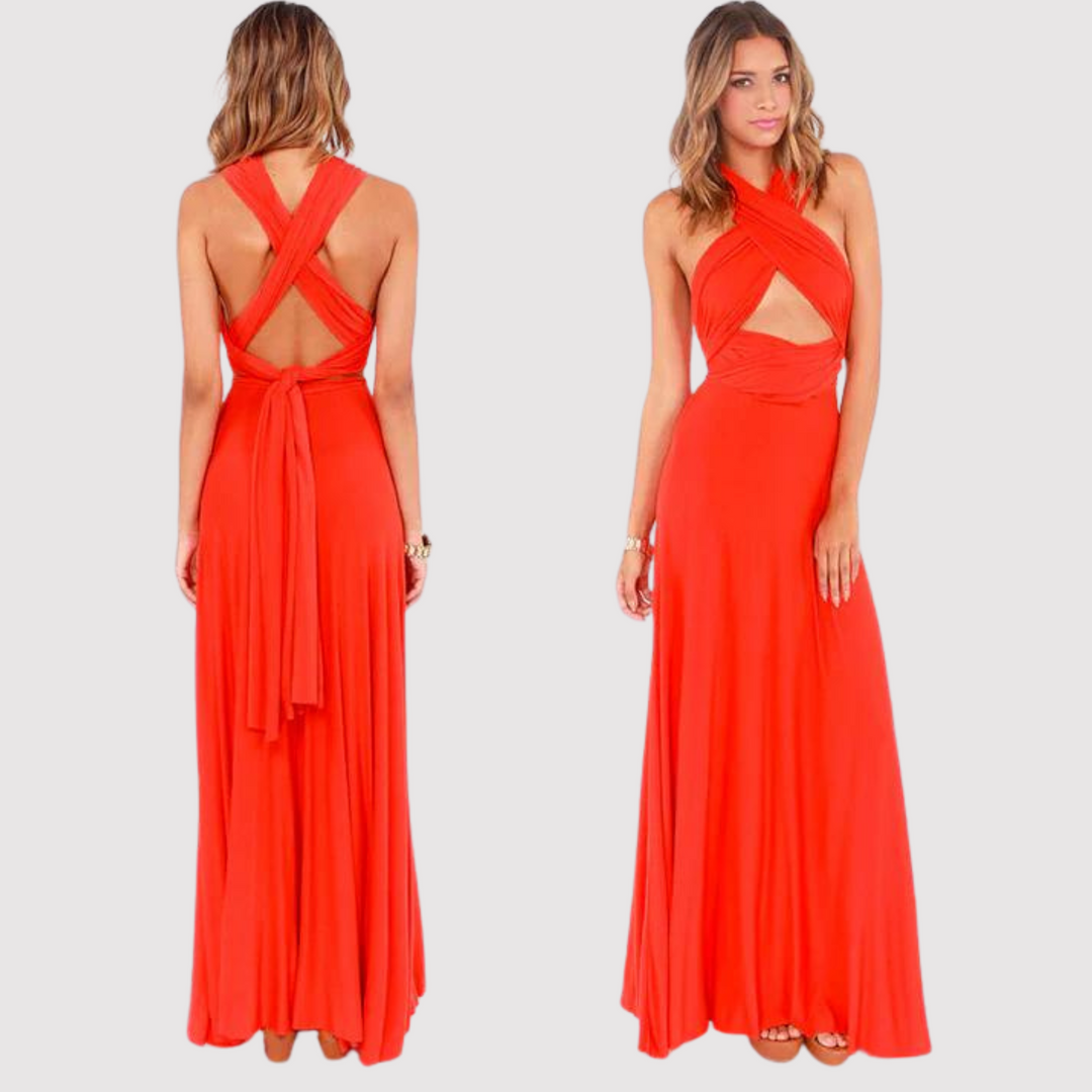 Abito maxi donna di tendenza, convertibile e con schiena scoperta per un look estivo.