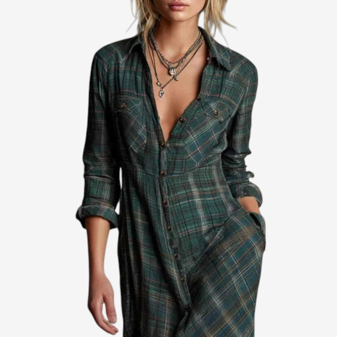 Elegante abito maxi scozzese da donna, con pratiche tasche, adatto a diverse stagioni.