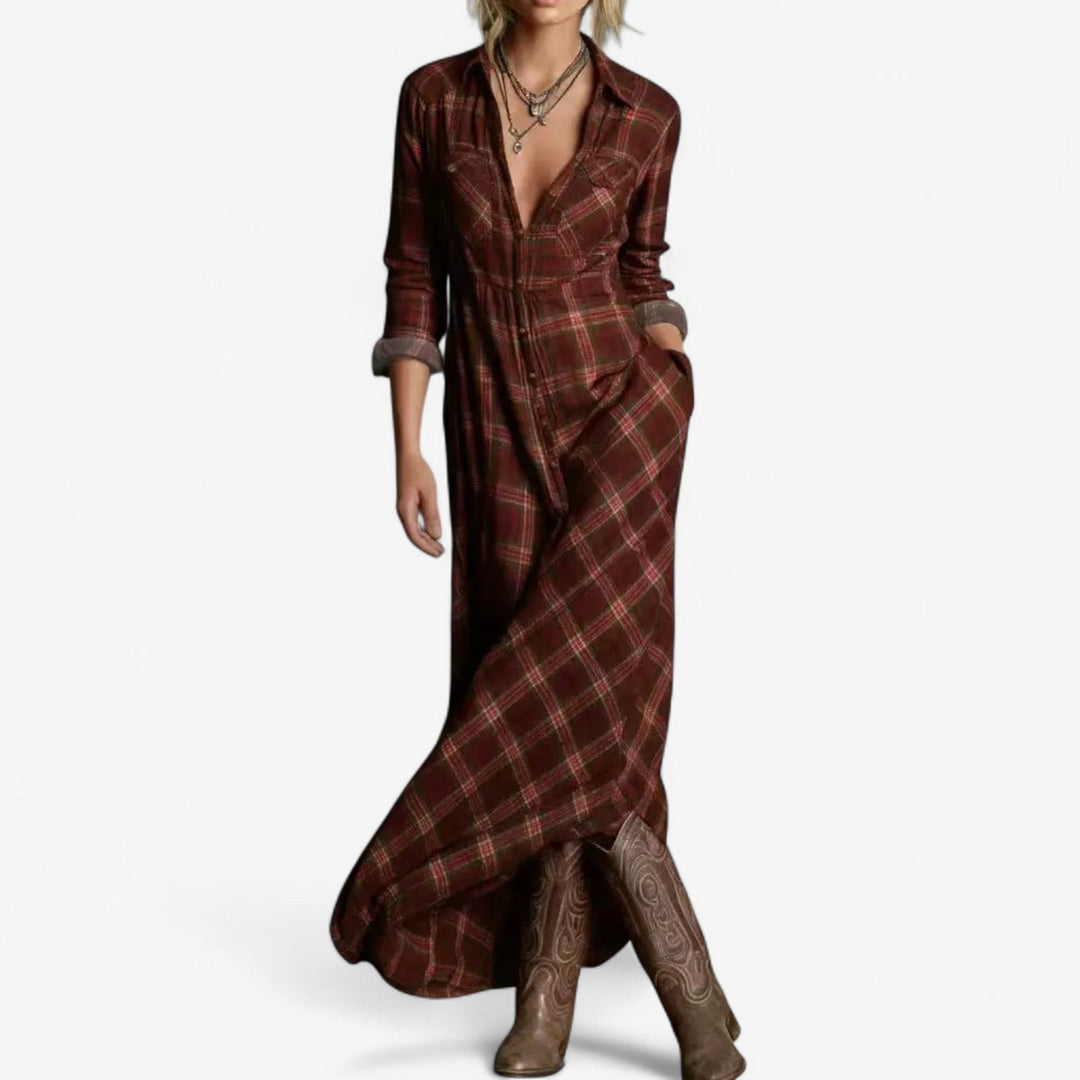 Abito lungo scozzese per donna, modello casual elegante, un capo senza tempo per ogni occasione.