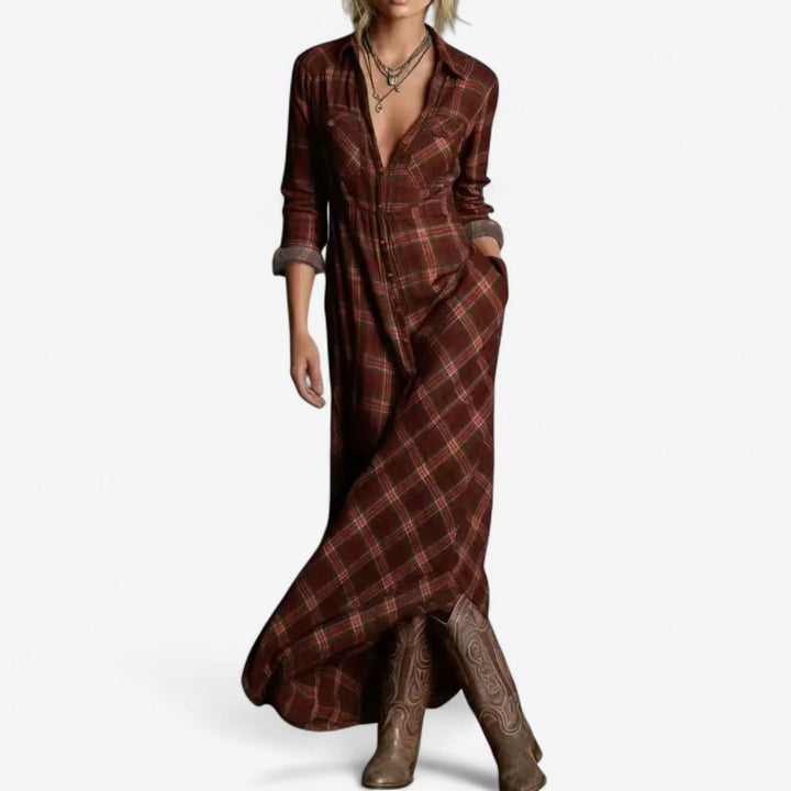Abito lungo scozzese per donna, modello casual elegante, un capo senza tempo per ogni occasione.