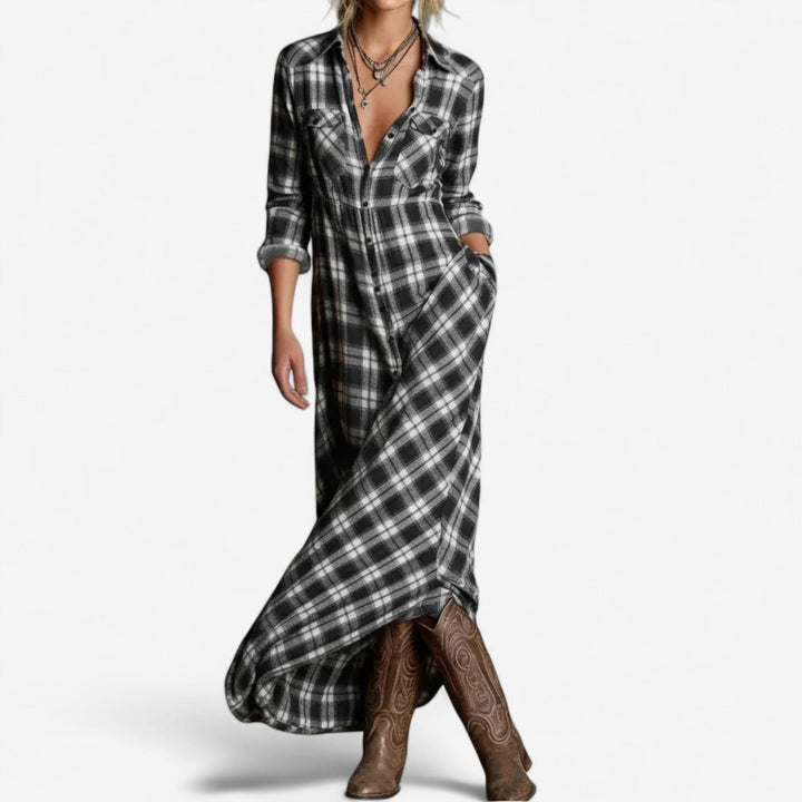 Maxi vestito donna a fantasia scozzese, con tasche, per un tocco boho chic o casual invernale.