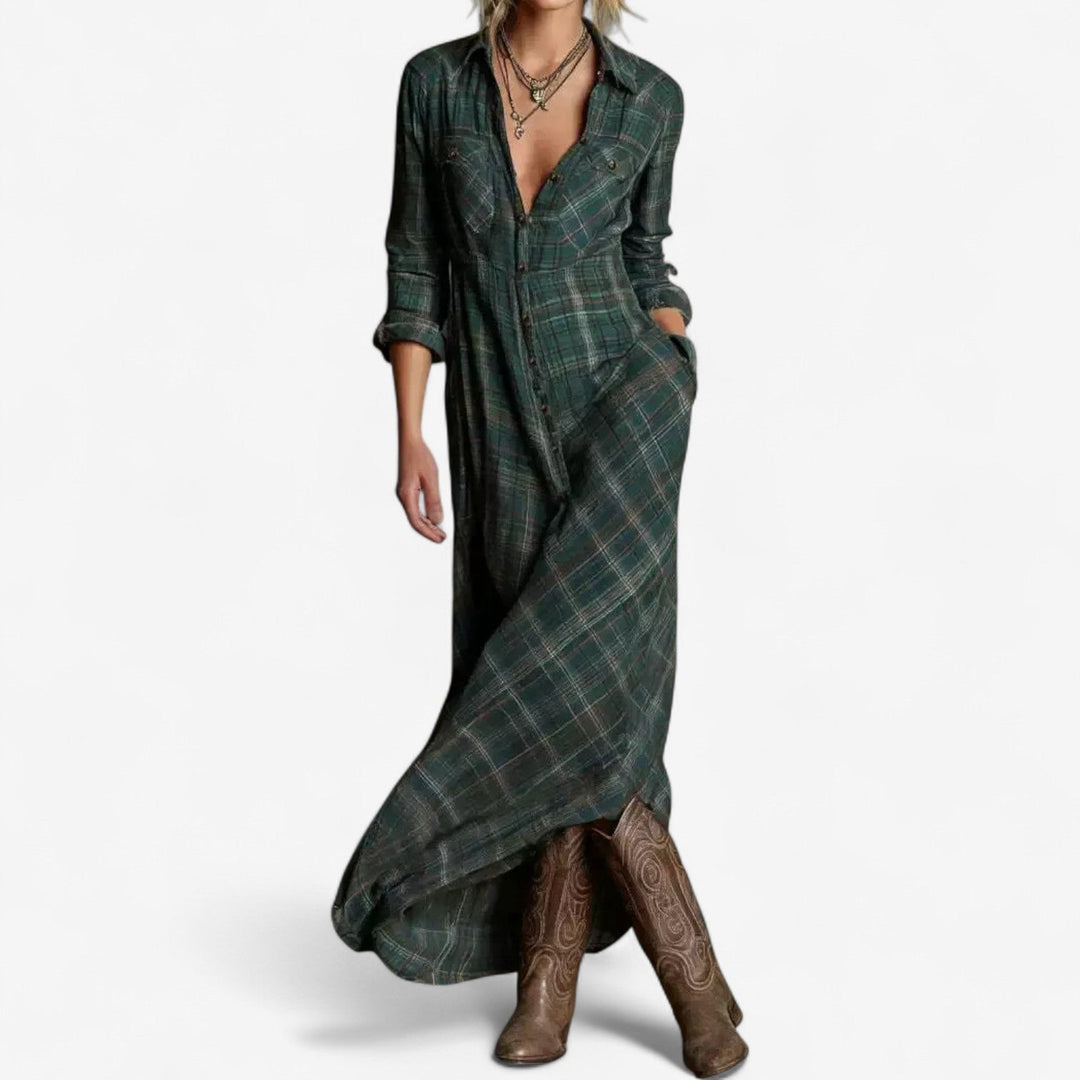 Abito maxi donna scozzese con tasche, ideale per un look casual elegante e confortevole.