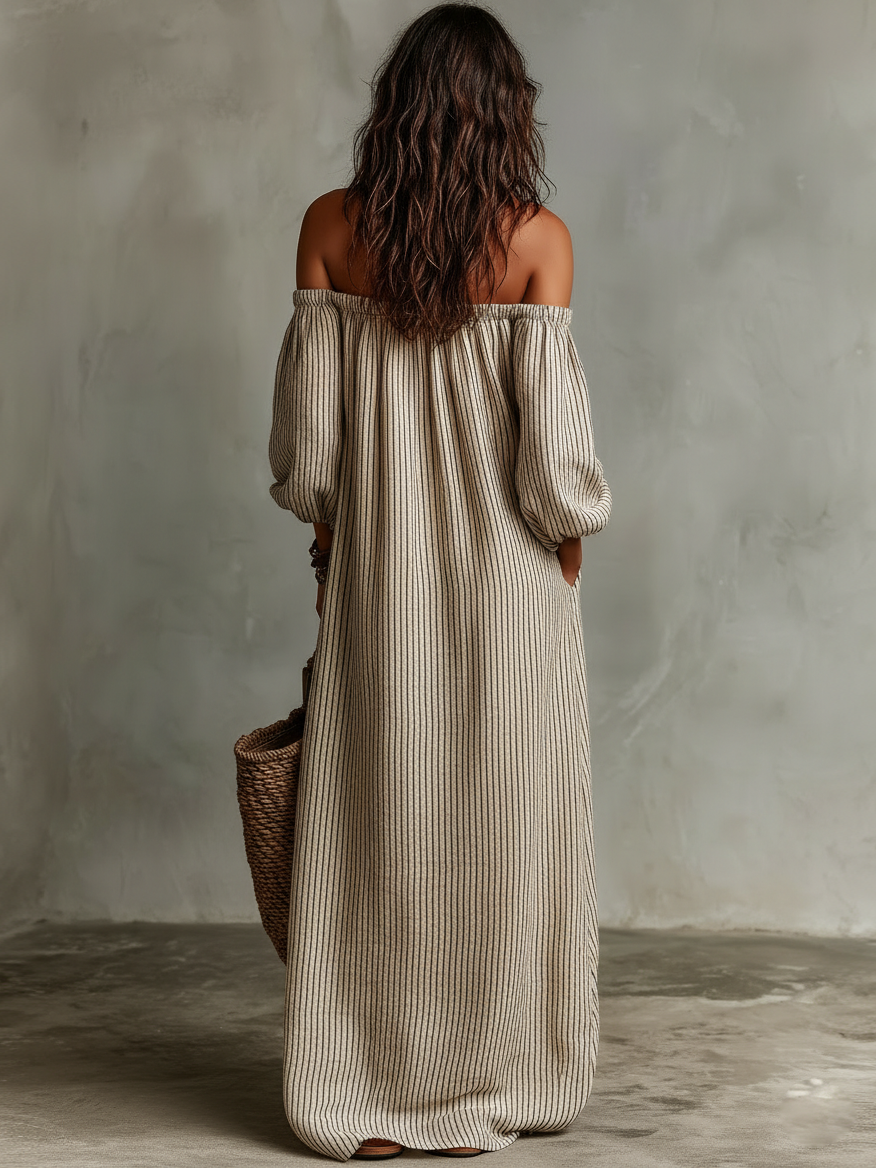 Abito maxi off shoulder color kaki, femminile e romantico, look casual chic.
